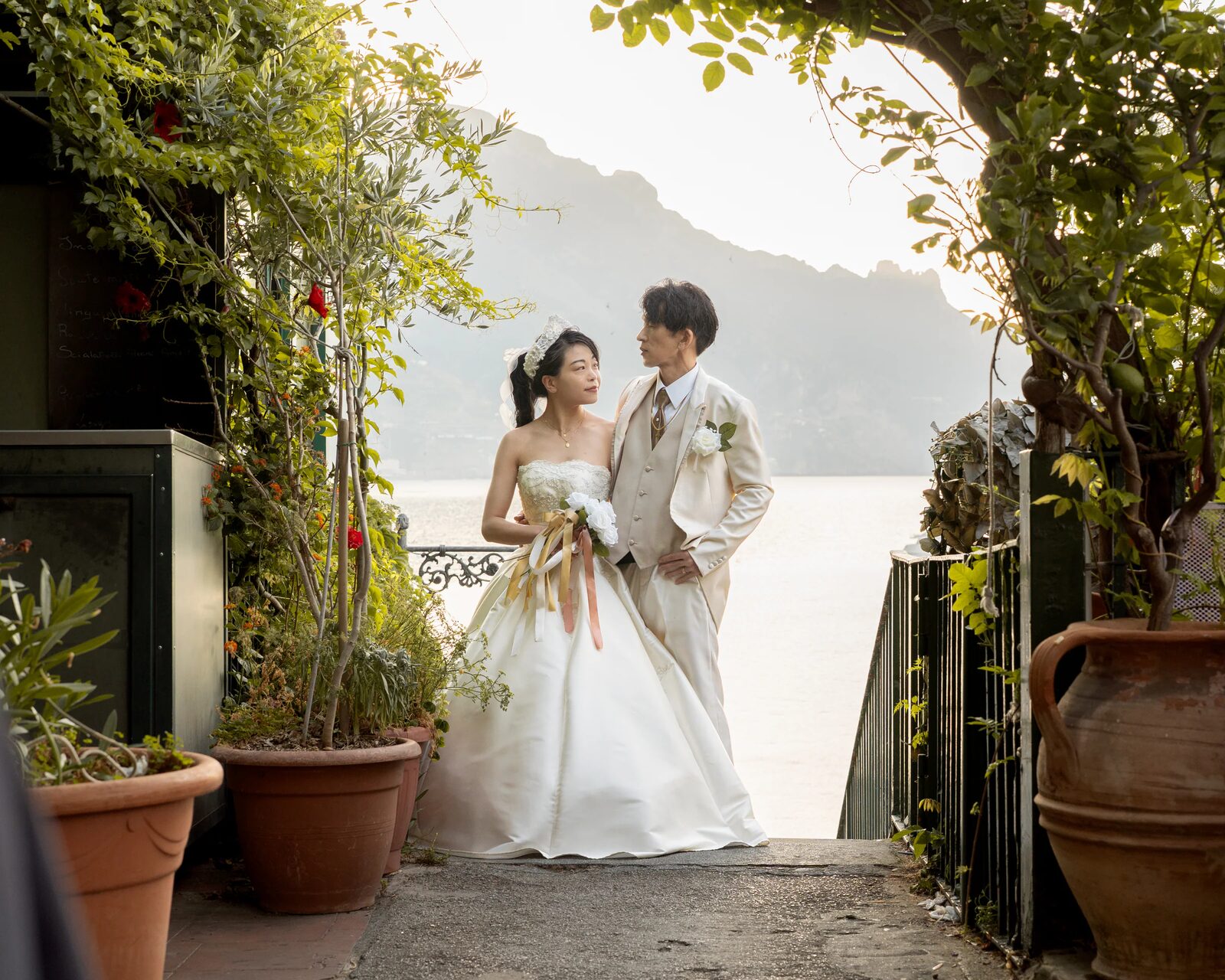 Newlyweds photographed in an Amalfi garden