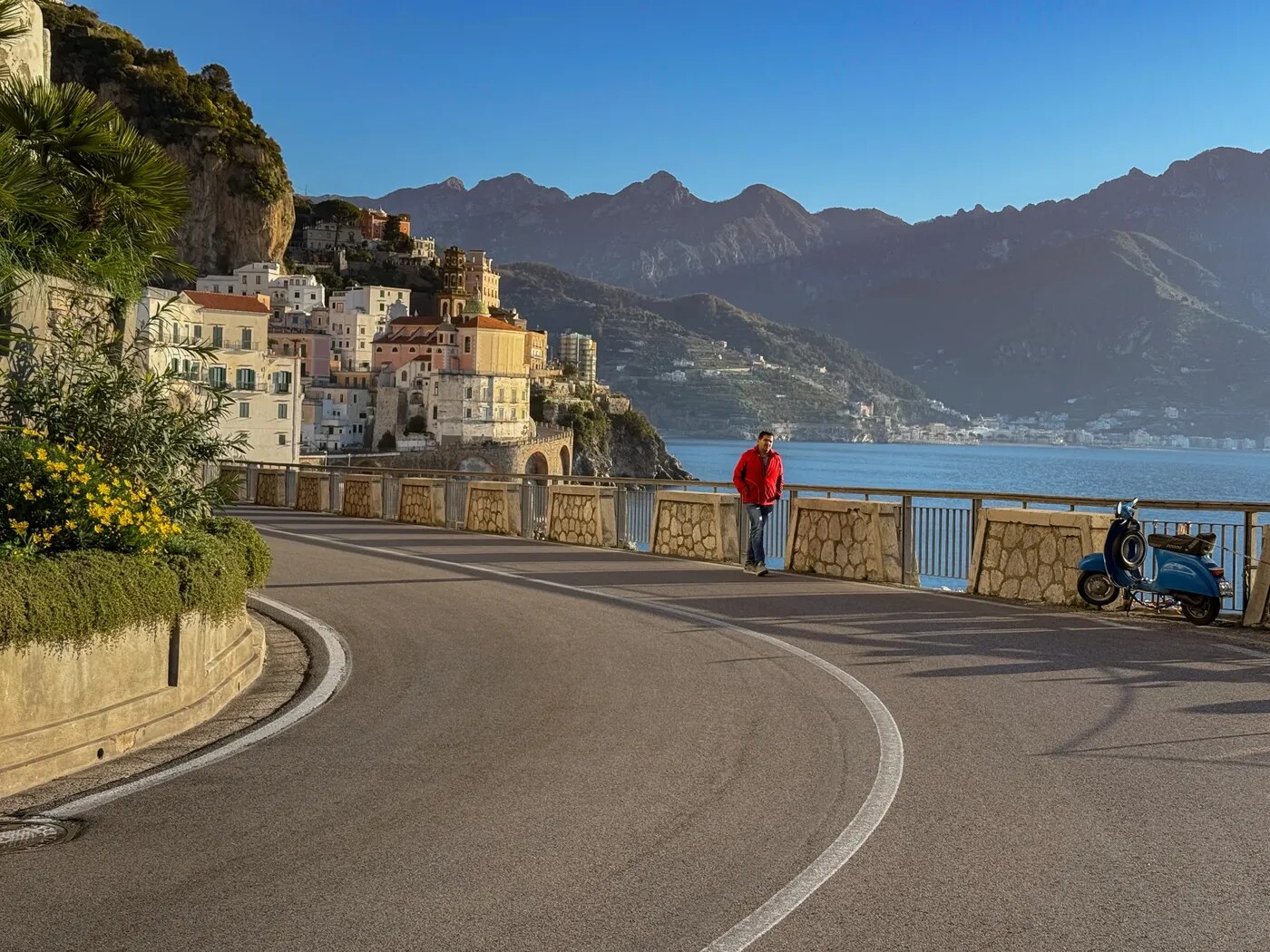 Amalfi Coast road at sunset
